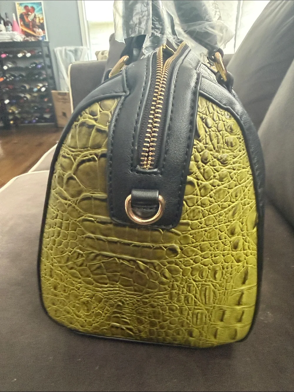 Green Croc-Embossed Satchel with Red & Green Stripe